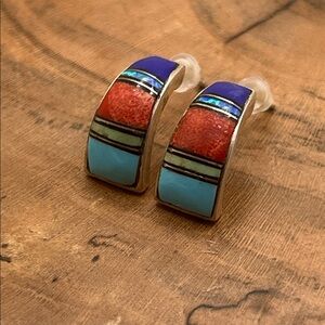 American Southwest Multi Inlay Sterling Turquoise Lapis Opal Spiny Hoop Earrings
